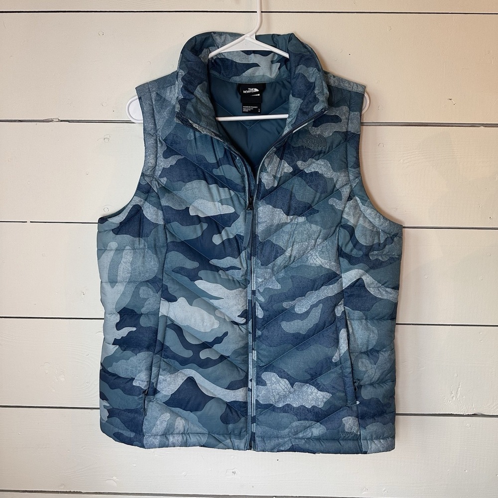 North Face Womens Alpz 2.0 550 Goose Down Puffer Vest L Mallard Blue Camo
